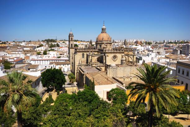 Cathedral and city buildings, Jerez de la Frontera, Spain. City skyline with the Cathedral (Catedral San Salvador) in the centre, Jerez de la Frontera, Cadiz Province, Andalucia, Spain. jerez de la frontera stock pictures, royalty-free photos & images