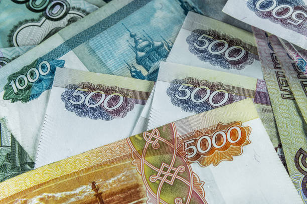 Heap of Russian Paper currency stock photo