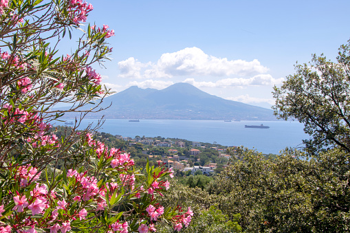 Mount Vesuvius iconic silhouette as seen from Virgiliano Park on springtime, Naples, Italy