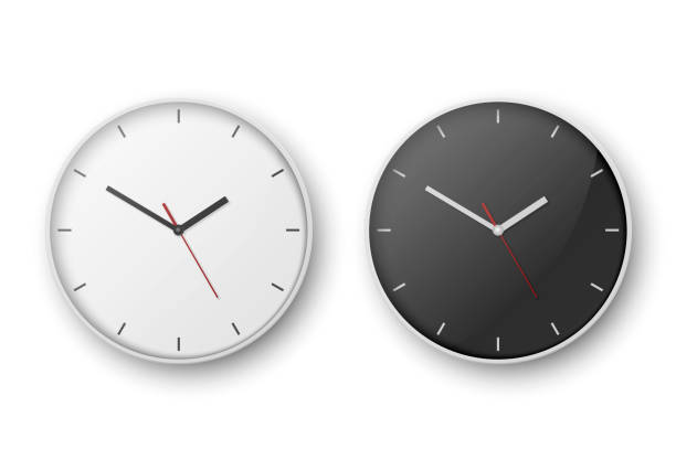 ベクトル3d現実的な白丸い壁オフィスの時計セット。白と黒のダイヤル。白い背景に分離されたクローズアップ。デザインテンプレート、ブランド用モックアップ、広告。フロントビューま� - deadline personal organizer busy clock点のイラスト素材／クリップアート素材／マンガ素材／アイコン素材