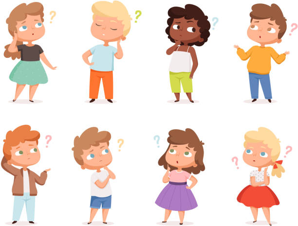 Question expression kids. Little genius high iq teenagers with question marks thinking vector illustrations Question expression kids. Little genius high iq teenagers with question marks thinking vector illustrations. Child doubt, smart thoughtful about question, confused character cartoon kids stock illustrations