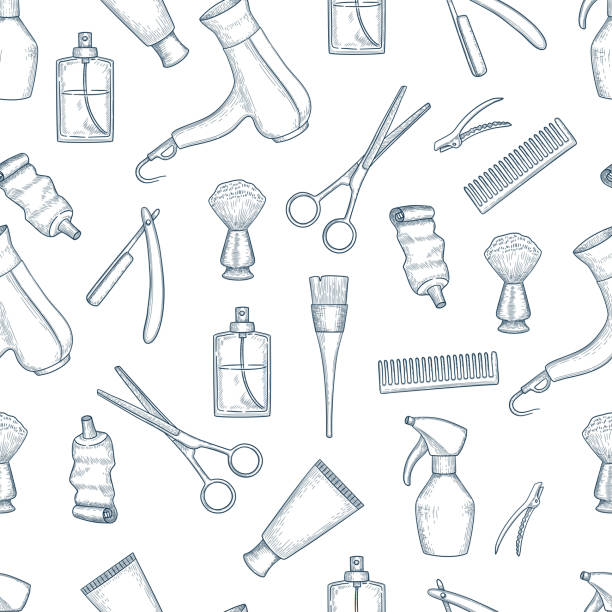 Barber shop pattern. Vintage razor comb scissors beauty salon items vector seamless background Barber shop pattern. Vintage razor comb scissors beauty salon items vector seamless background. Illustration seamless background barbershop, barber vintage pattern scissors cutting wrapping paper stock illustrations