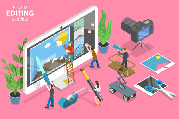 3D Isometric Flat Vector Concept of Photo Editing Online Service. 3D Isometric Flat Vector Concept of Photo Editing Online Service, Professional Graphic Design Software. editor photos stock illustrations