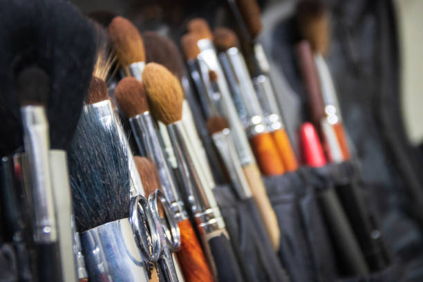 istock Collection of professional makeup brushes in case; selective focus. 1241357637