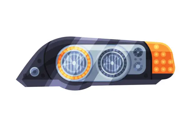 Vector illustration of Automotive Auto Car Headlights, Rare Glowing Headlamps, Brake Lights Flat Style Vector Illustration on White Background