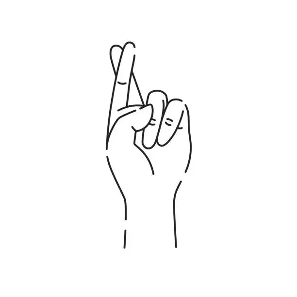 Vector illustration of Hand showing symbol good luck black line icon. Fingers crossed. Superstition, luck, white lie gesture. Pictogram for web page, mobile app, promo. UI UX GUI design element. Editable stroke