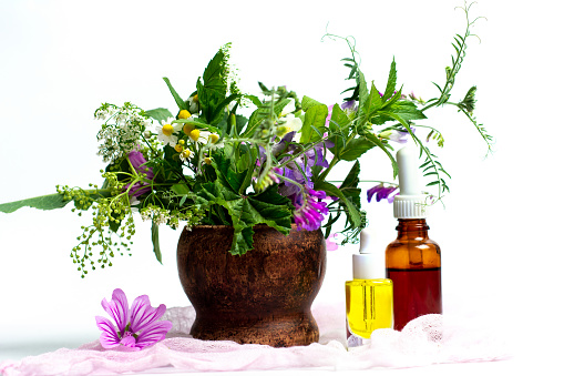 Various spring flowers and herbal medicine tincture extracts in a bottle isolated
