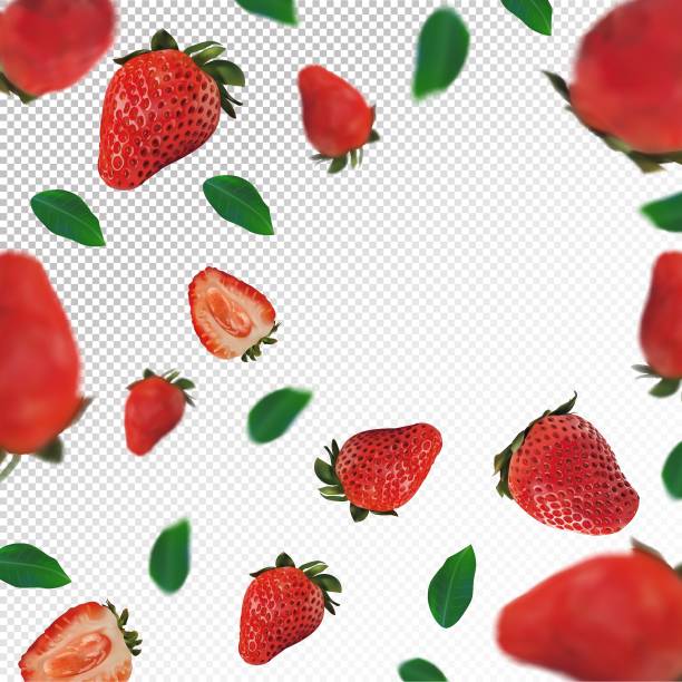 ilustrações, clipart, desenhos animados e ícones de fundo de morango. morango voador com folha verde em fundo transparente. frutas realistas 3d. a queda de morango está inteira e cortada ao meio. ilustração vetorial - backgrounds berry close up dessert