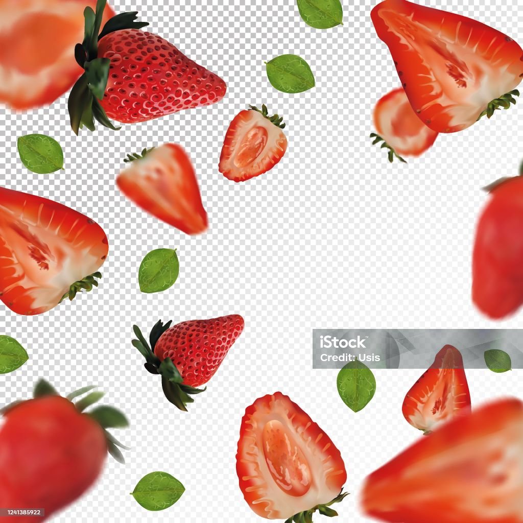 Nền Dâu Tây Dâu Tây Bay Với Lá Xanh Trên Nền Trong Suốt Trái Cây ...