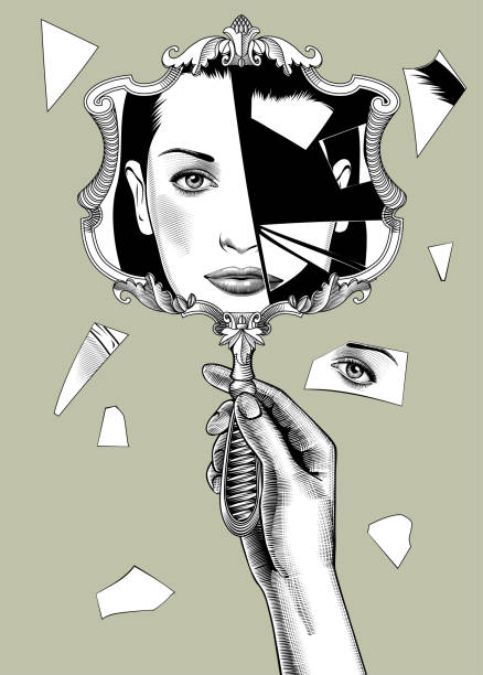 istock Female hand holding a broken retro mirror with a woman face reflection 1241398425