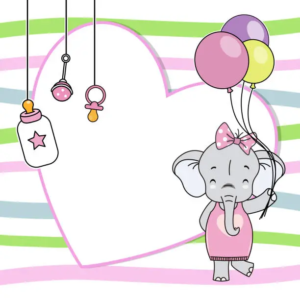 Vector illustration of Baby girl shower card. Elephant with balloons. Space for text