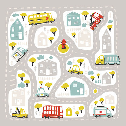 Baby City map with roads and transport. Vector illustration inscribed in a square shape. Cartoon childish hand-drawn Scandinavian style. For nursery room, printing on game carpets, plaids, etc.