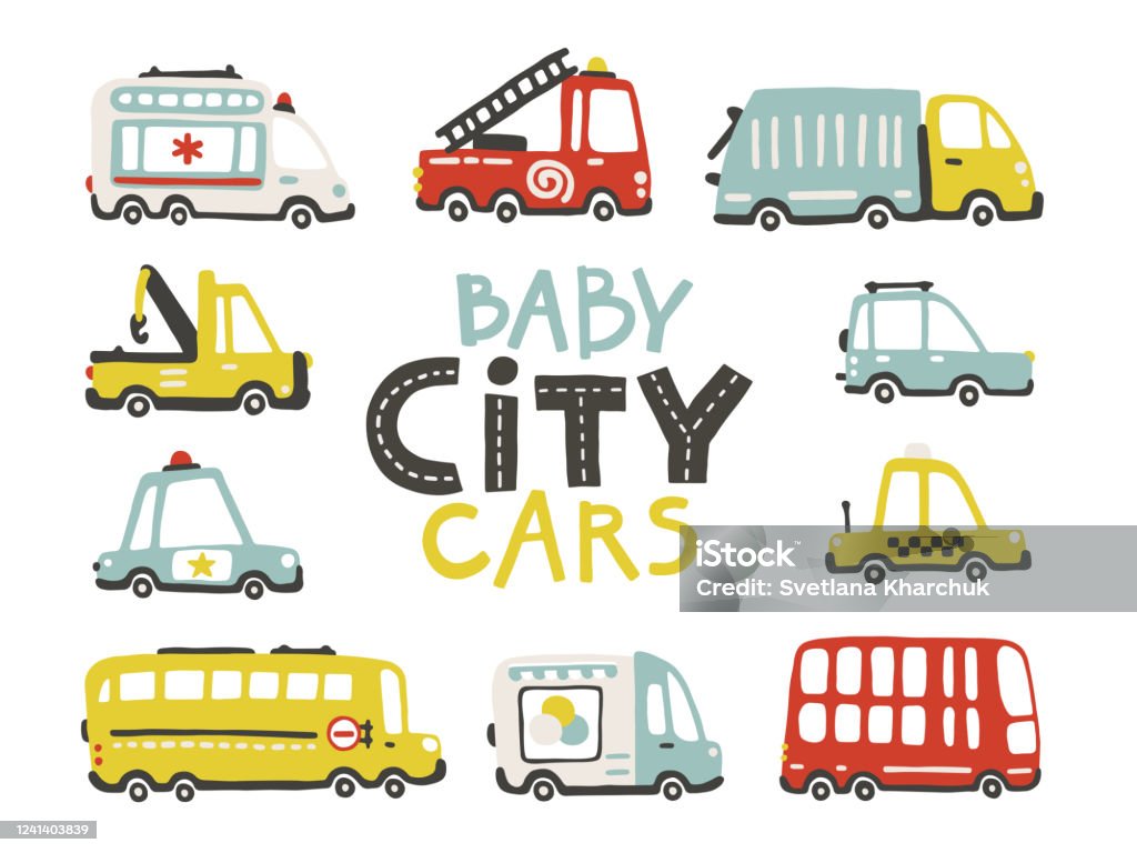 Baby City Cars Collection Cute Funny Transport Vector Cartoon Illustrations  In Simple Childish Handdrawn Scandinavian Style For Children Fire Ambulance  Police Bus Etc Stock Illustration - Download Image Now - iStock