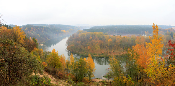 Neris river bend in the autumn as seen from Lazdynai in Vilnius, Lithuania