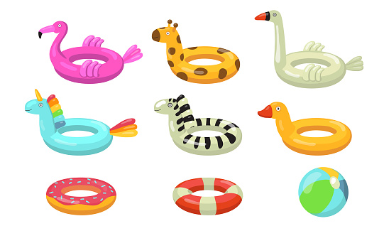Swimming rings flat icon set. Cartoon rubber floating lifesaver in form of donuts, flamingo, duck or animal isolated vector illustration collection. Summer, water and swimming pool concept