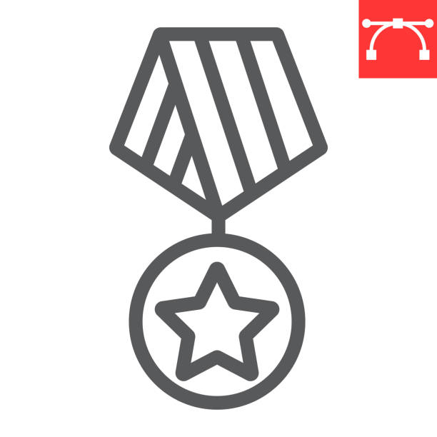 ilustraciones, imágenes clip art, dibujos animados e iconos de stock de icono de línea meda militar, ee.uu. y ejército, gráficos vectoriales de signo de estrella militar, icono lineal de trazo editable, eps 10. - medal star shape war award
