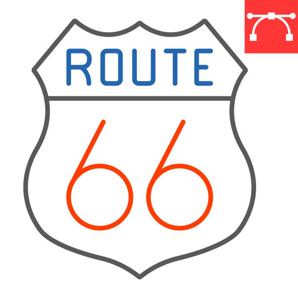 Route sixty six color line icon, america and state, route sign vector graphics, editable stroke linear icon, eps 10. Route sixty six color line icon, america and state, route sign vector graphics, editable stroke linear icon, eps 10 route 66 sign old road stock illustrations