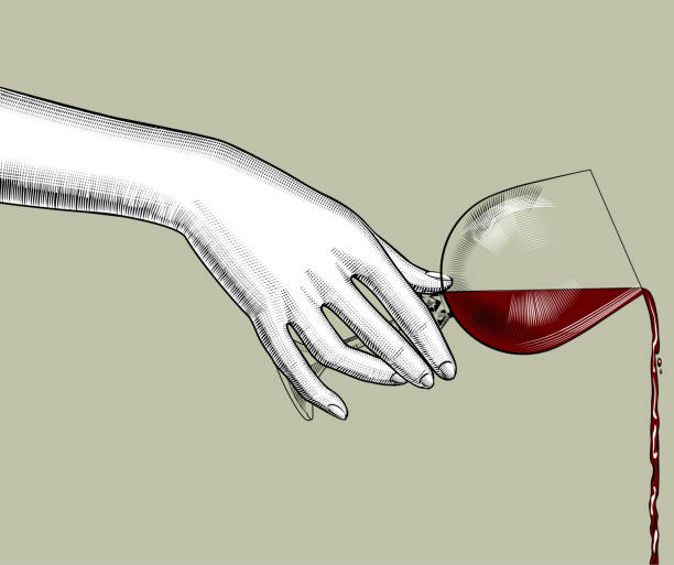 weibliche hand gießt wein aus einem glas - spilling wine glass drink stock-grafiken, -clipart, -cartoons und -symbole
