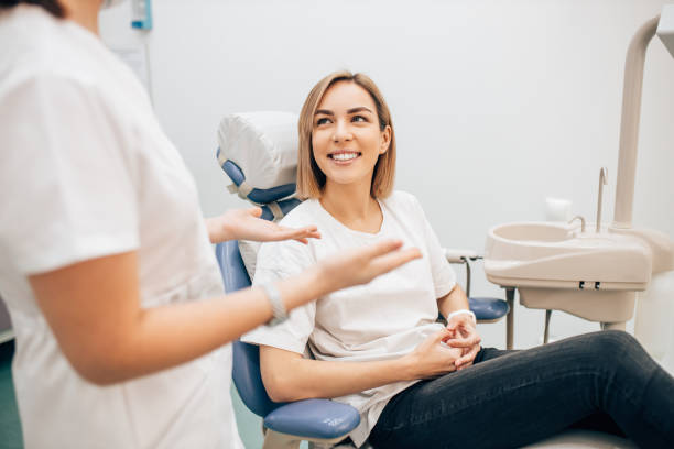 young charming lady sit in dentist office - dental drill dental equipment dental hygiene drill imagens e fotografias de stock