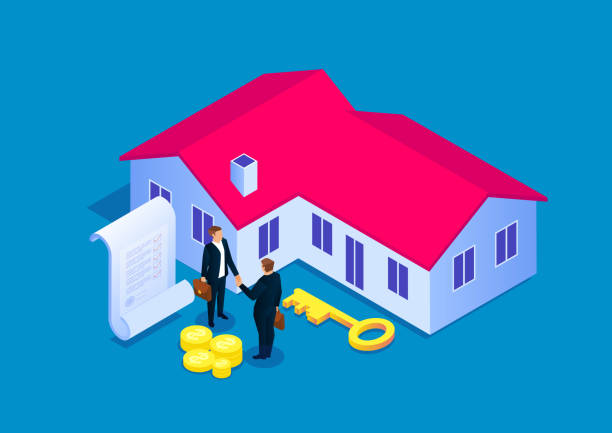 ilustraciones, imágenes clip art, dibujos animados e iconos de stock de firma de un contrato de compra de vivienda, transacción inmobiliaria - interest rate house loan budget