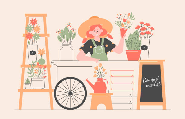 illustrazioni stock, clip art, cartoni animati e icone di tendenza di simpatica fioraia ragazza con un cappello. mercato degli agricoltori. contatore hipster con piante e decorazioni. shopping estivo. illustrazione piatta vettoriale. - florist flower shop store owner