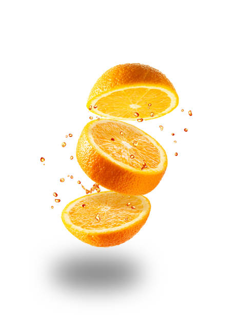 istock Flying juicy orange on a white background 1241462047