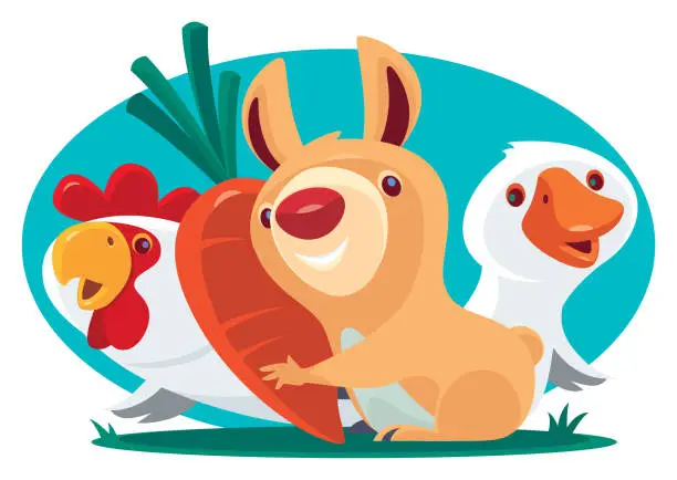 Vector illustration of rabbit meeting duck and chicken