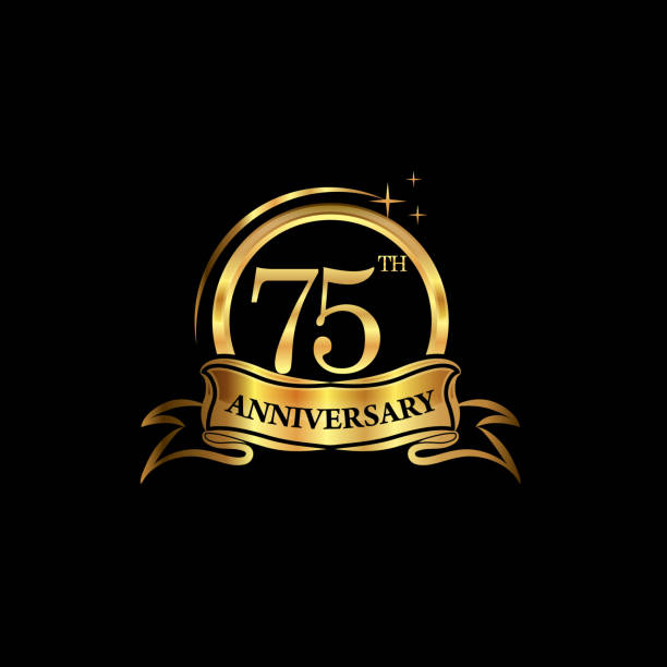 75 year anniversary celebration. Anniversary classic elegance golden color isolated on black background, vector design for celebration, invitation card, and greeting card 75th anniversary design logotype golden color with ring and gold ribbon for anniversary celebration. EPS10 75th anniversary stock illustrations