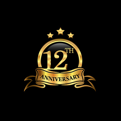 12th anniversary design logotype golden color with ring and gold ribbon for anniversary celebration. EPS10