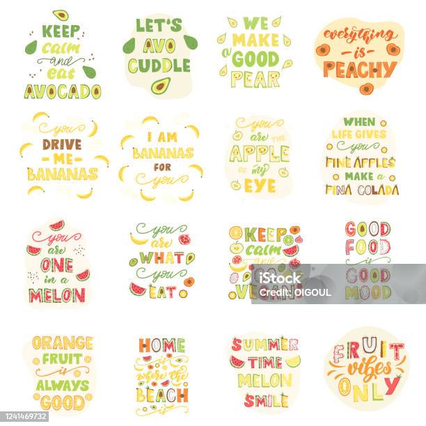 Ilustración de Conjunto De Frases De Frutas Divertidas Diseño De Letras ...