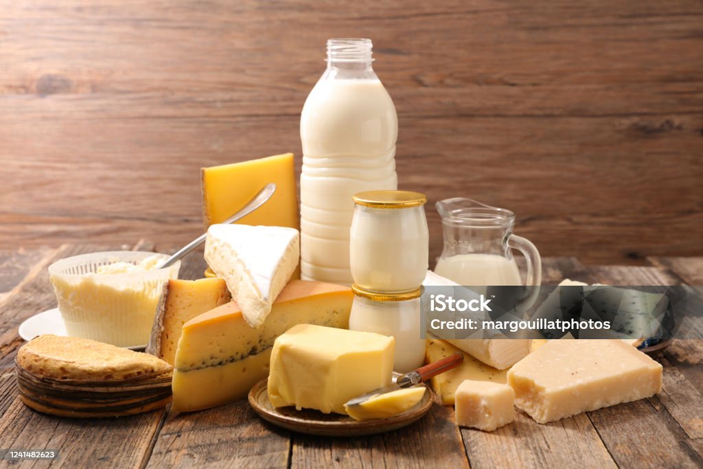 assorted of dairy product with milk, butter, cheese Dairy Product Stock Photo