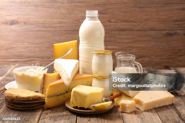 Assorted Of Dairy Product With Milk Butter Cheese Stock Photo - Download Image Now