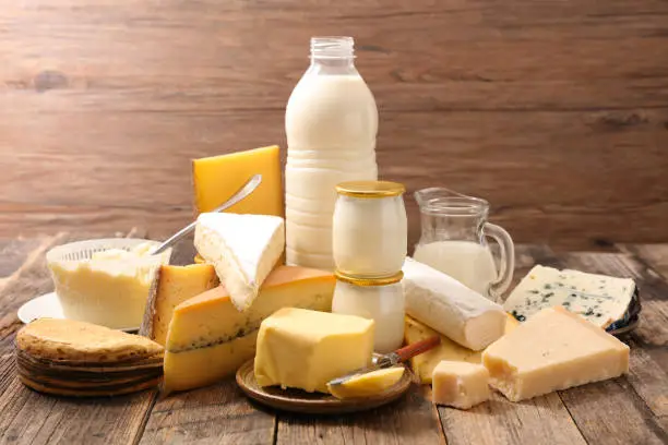 assorted of dairy product with milk, butter, cheese
