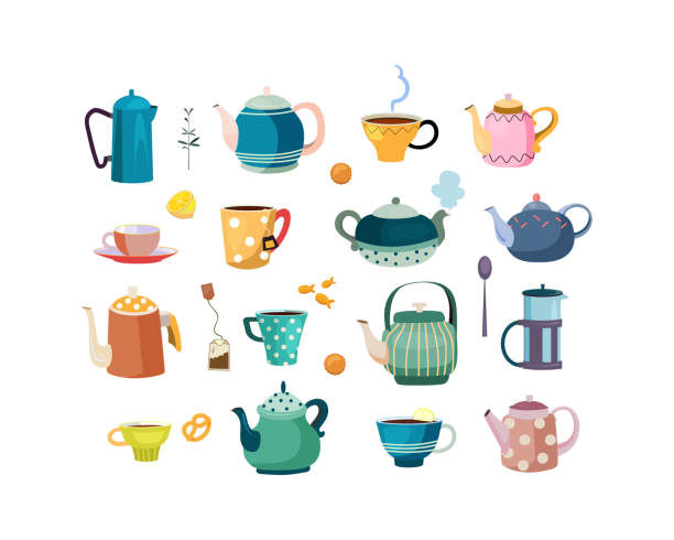 чайники и чашки набор - food dining cooking multi colored stock illustrations