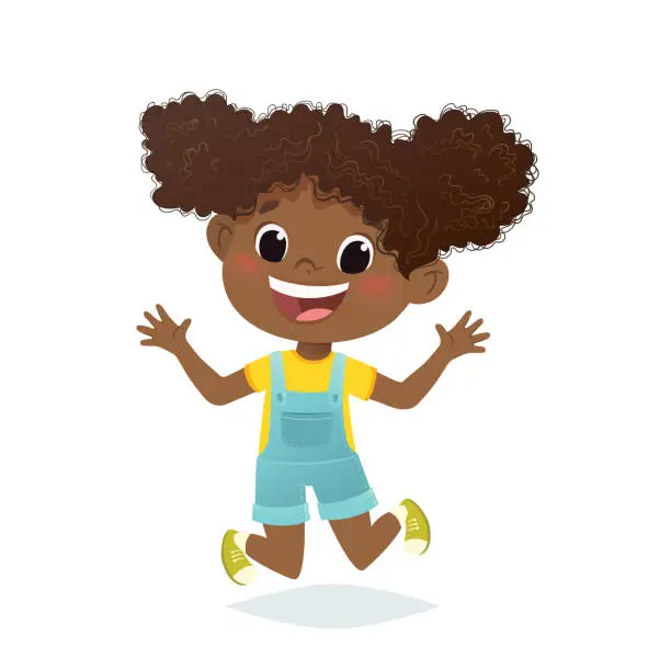 Vector illustration of Vector afro american girl jumping and laughing. Cartoon character design, isolated on white background.