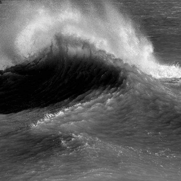 istock Amzing image of individual wave breaking and cresting during violent windy storm in black and white with superb detail 1241506759
