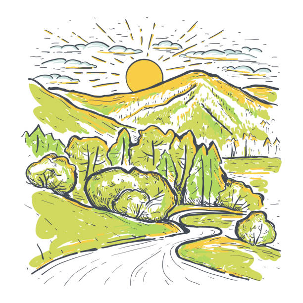 Sunset in the valley with mountains and lush green meadows. Hand drawn color sketch vector illustration. Curving road to the mountains. Sunset in the valley with mountains and lush green meadows. Hand drawn color sketch vector illustration. Curving road to the mountains. Design for print, postcard, poster, cover, banner plateau drawing stock illustrations