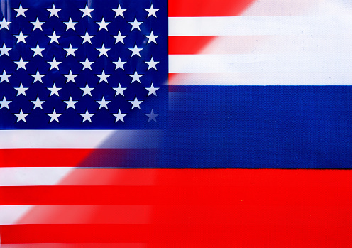Russian Flag, Stars and stripes transition blend to show trade issues between the 2 countries.