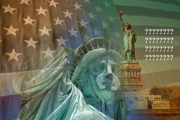 istock Multi exposure American Flag and Statue of Liberty 1241528249