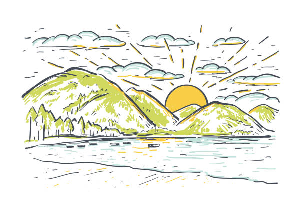 Landscape vector sketch illustration with mountains, lake, boat and beach at sunset. Landscape vector sketch illustration with mountains, lake, boat and beach at sunset. Summer romantic background. Design for print, postcard, poster plateau drawing stock illustrations