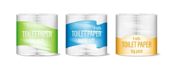 Vector illustration of Toilet paper pack set. Super soft toilet paper plastic packaging. 4 rolls of natural cellulose paper inside