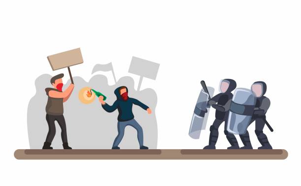 ilustrações de stock, clip art, desenhos animados e ícones de protesting crowd against police, man wear hoodie and mask throwing molotov to police with shield and protection in cartoon flat illustration vector in white background - protest police activist hooligan