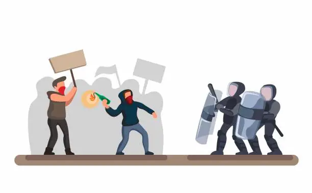 Vector illustration of Protesting Crowd Against police, man wear hoodie and mask throwing molotov to Police with shield and protection in cartoon flat illustration vector in white background