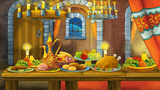 Cartoon Fairy Tale Scene With Castle Room With The Table Full Of Food Stock  Illustration - Download Image Now - iStock