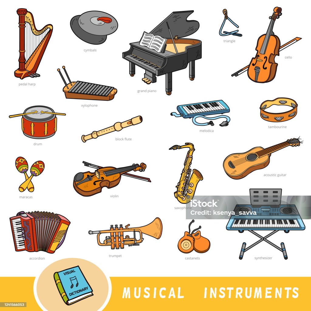 Color Set Of Musical Instruments Collection Of Vector Items With Names In  English Cartoon Visual Dictionary Stock Illustration - Download Image Now -  iStock