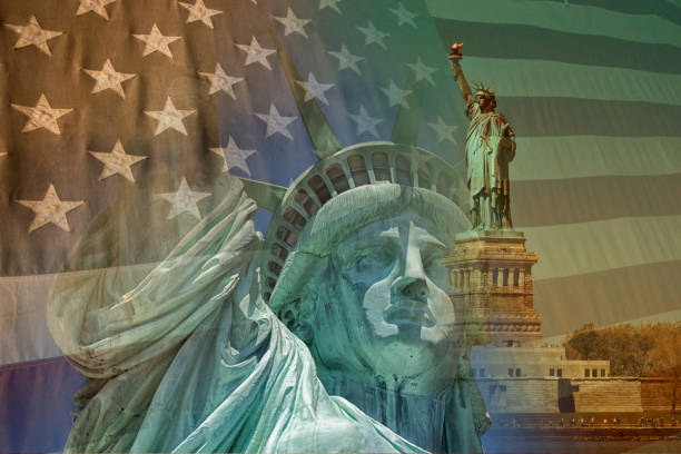 Multi exposure American Flag and Statue of Liberty