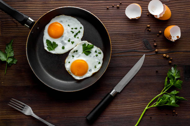 istock Fried eggs on frying pan on wooden table top-down 1241568732