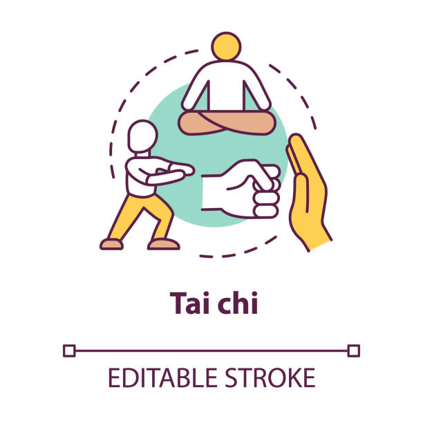 Tai chi concept icon. Traditional chinese martial art idea thin line illustration. Oriental practice, defence training and meditation. Vector isolated outline RGB color drawing. Editable stroke Tai chi concept icon. Traditional chinese martial art idea thin line illustration. Oriental practice, defence training and meditation. Vector isolated outline RGB color drawing. Editable stroke tai chi meditation stock illustrations