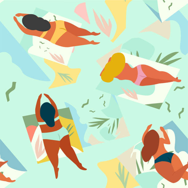istock Tropical abstract pattern with girls sunbathing on a beach. Body positive. Vector seamless texture. 1241570373