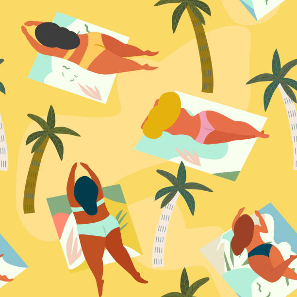 istock Tropical abstract pattern with girls sunbathing on a beach. Body positive. Vector seamless texture. 1241570384